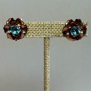 Vtg MCM Gold over Sterling Silver 925 Screw Back Blue Rhinestone Flower Earrings